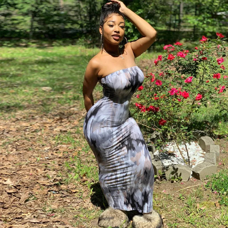 Sexy Tube Dress off the Shoulder Tie Dye Casual Pencil Dresses Women Clothing