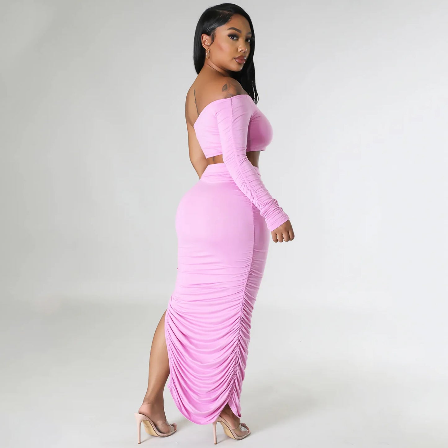 She Not Me One-Shoulder Sleeve Top &amp; Sexy Tight Pleated Irregular Skirt Set 💋🔥