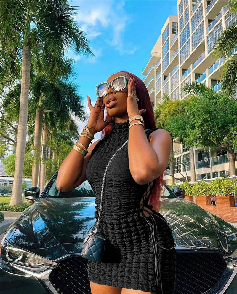 She In Motion 2026 Stunning Stacked Party Mini Dress Women Mock Neck Sleeveless Drawstring Hollow Out Bandage Dresses Clubwear Dress
