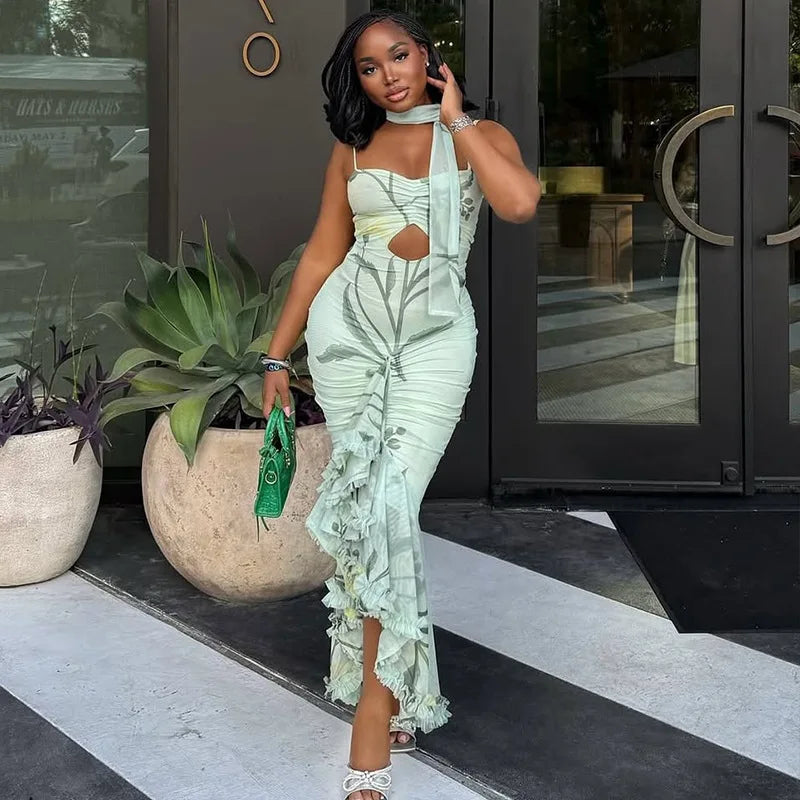 💃 Classy Floral Print Irregular Sling Dress – Sexy Mesh &amp; Ruffle Hem ✨🔥