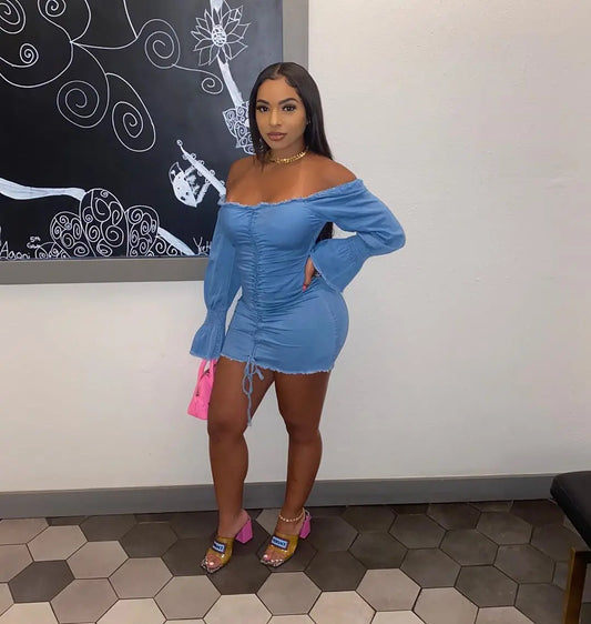 Warm But Sexy Natural Body Fashion Long Sleeve Off Shoulder Ruffle Type Flare Sleeve Denim Skirts Jeans Dress for Women