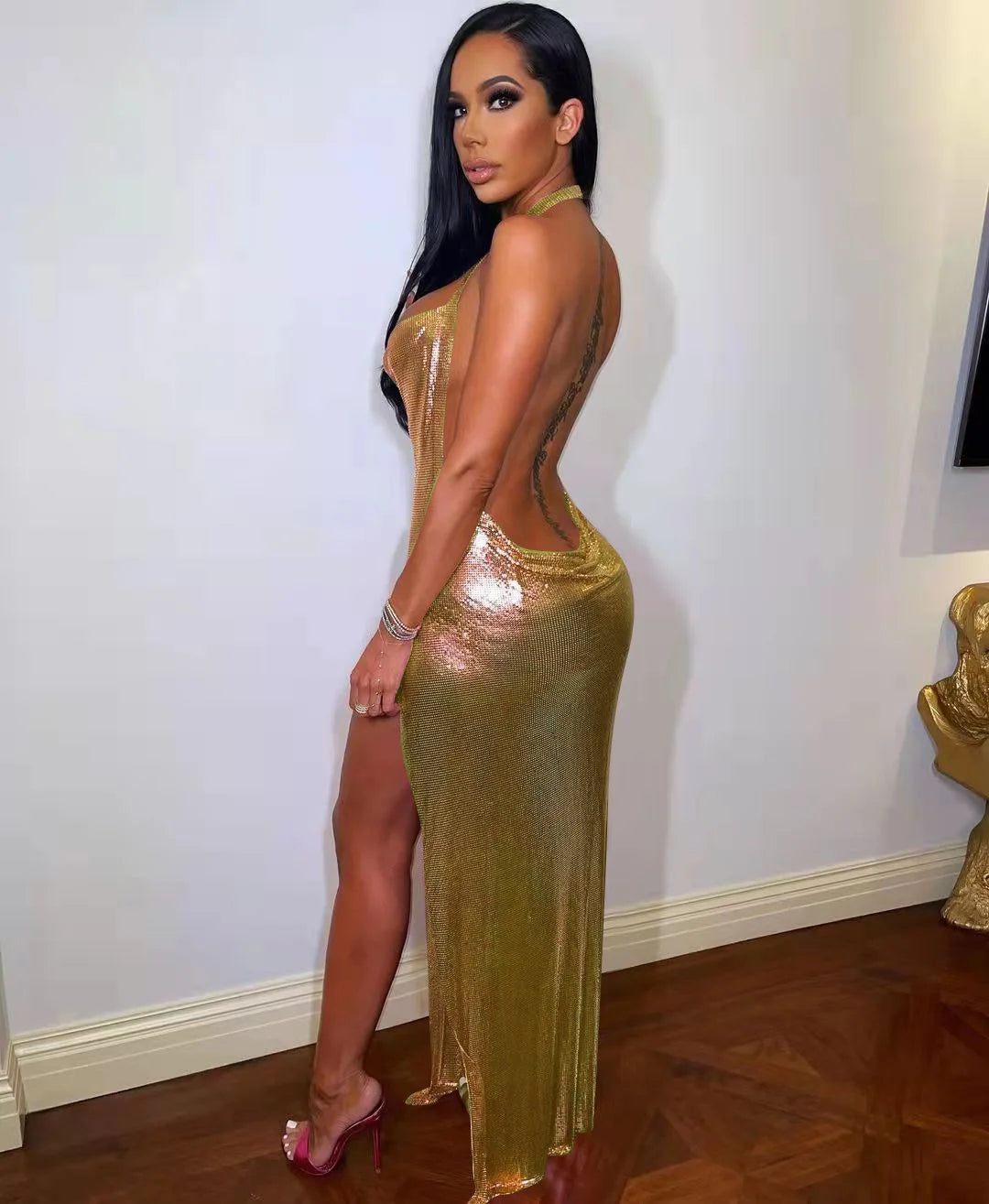 ✨ She The One – Shiny Backless High-Slit Club Dress ✨