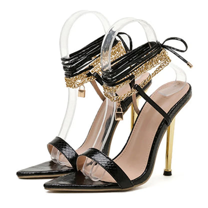 ✨ Golden Glam Women’s Sandals – High Heels with Chain Ankle Strap Pointed Toe Elegance ✨