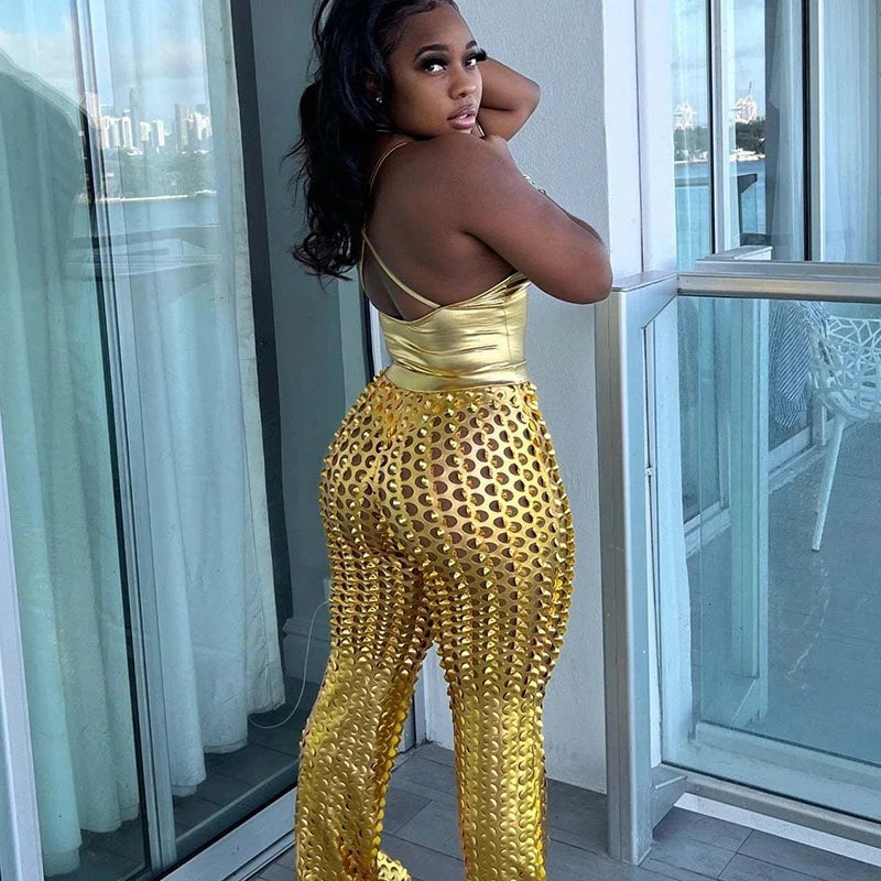 Sexy Party 2 Piece Sets Womens Outfits Clubwear Birthday💃 Matching Sets Bodysuit Top and Hollow Out Wide Leg Pants Suits Trendy