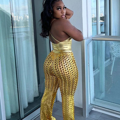 Sexy Party 2 Piece Sets Womens Outfits Clubwear Birthday💃 Matching Sets Bodysuit Top and Hollow Out Wide Leg Pants Suits Trendy