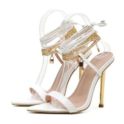 ✨ Golden Glam Women’s Sandals – High Heels with Chain Ankle Strap Pointed Toe Elegance ✨