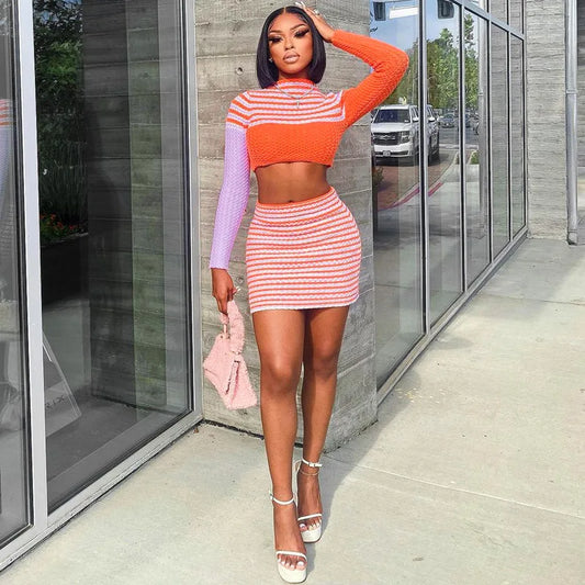 Say Less Daddy Sweater Crop Top Two-Piece Set – Casual Stripe Skirt Set for Women 💋🔥