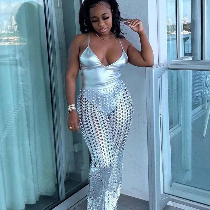 Sexy Party 2 Piece Sets Womens Outfits Clubwear Birthday💃 Matching Sets Bodysuit Top and Hollow Out Wide Leg Pants Suits Trendy