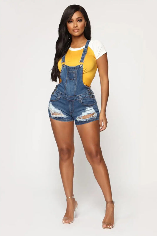 Hot sale summer denim jumpsuit fashion casual ripped shorts jeans straps jumpsuits for women S-2XL drop shipping