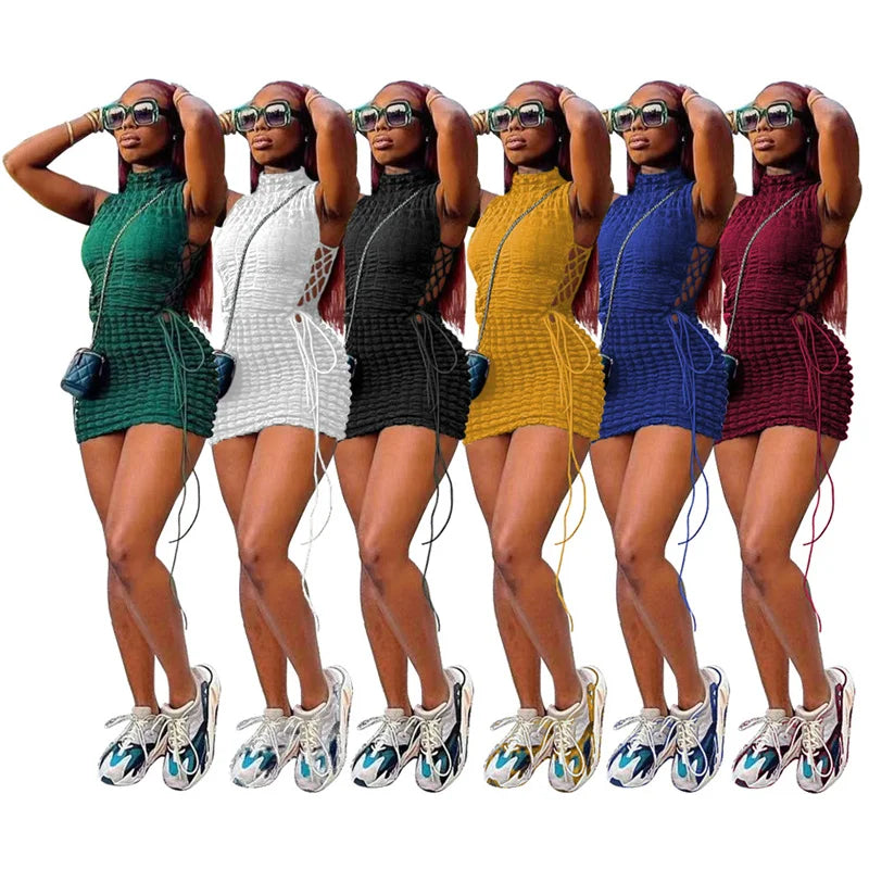 She In Motion 2026 Stunning Stacked Party Mini Dress Women Mock Neck Sleeveless Drawstring Hollow Out Bandage Dresses Clubwear Dress