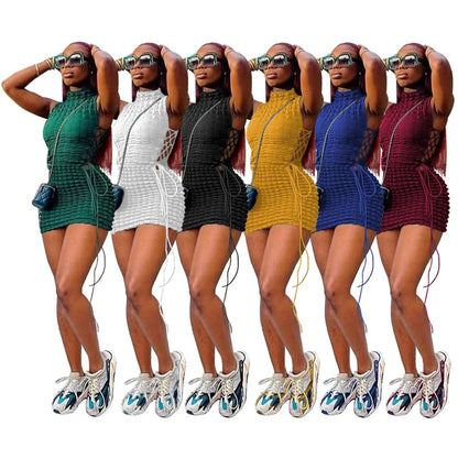 She In Motion 2026 Stunning Stacked Party Mini Dress Women Mock Neck Sleeveless Drawstring Hollow Out Bandage Dresses Clubwear Dress