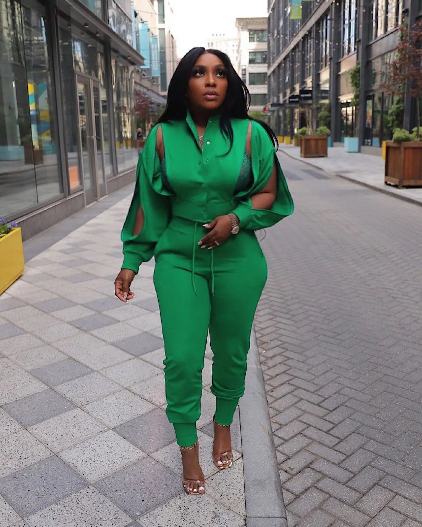 Green Means Go Women’s Fall Two-Piece Set – Hollow-Out Long Pant Outfit 🍃💋
