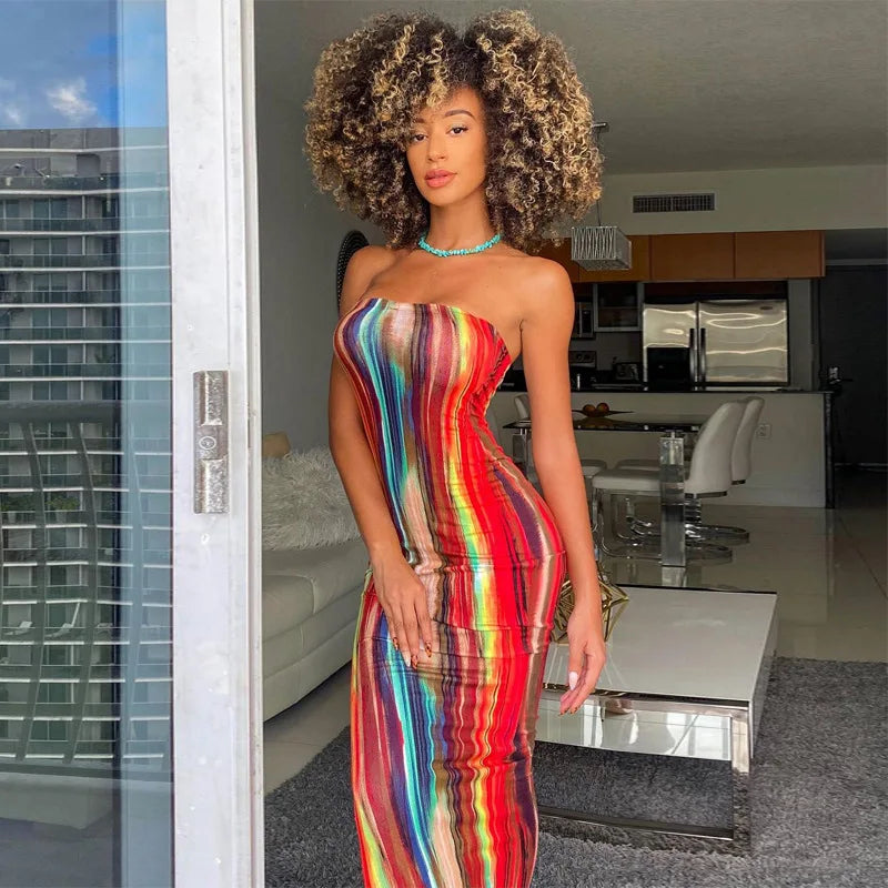 Sexy Tube Dress off the Shoulder Tie Dye Casual Pencil Dresses Women Clothing