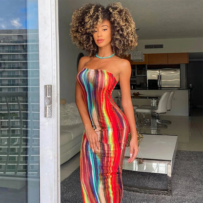Sexy Tube Dress off the Shoulder Tie Dye Casual Pencil Dresses Women Clothing