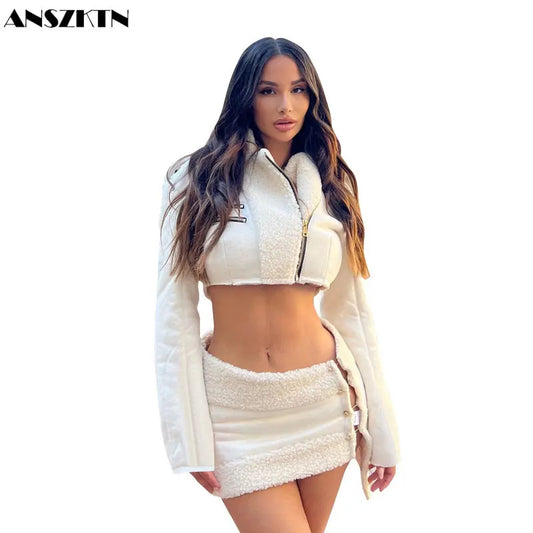 Life Is Too Short Fall/Winter Women’s White Two-Piece Set – Crop Top Jacket &amp; Skirt ❄️💋