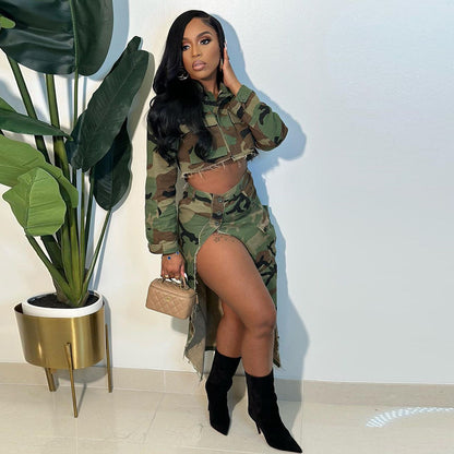 Autumn & Winter Camouflage Washed Flap Pocket Pants with Slit Tassel Skirt – Stylish Women’s Streetwear