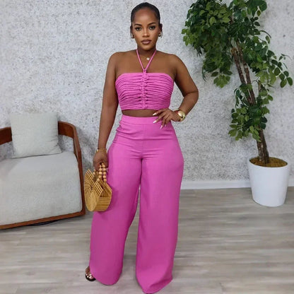 Sexy Night Club Outfits for Woman Two Piece Set Elegant Halter Backless Strapless Crop Top and Wide Leg Pants Matching Sets 2025