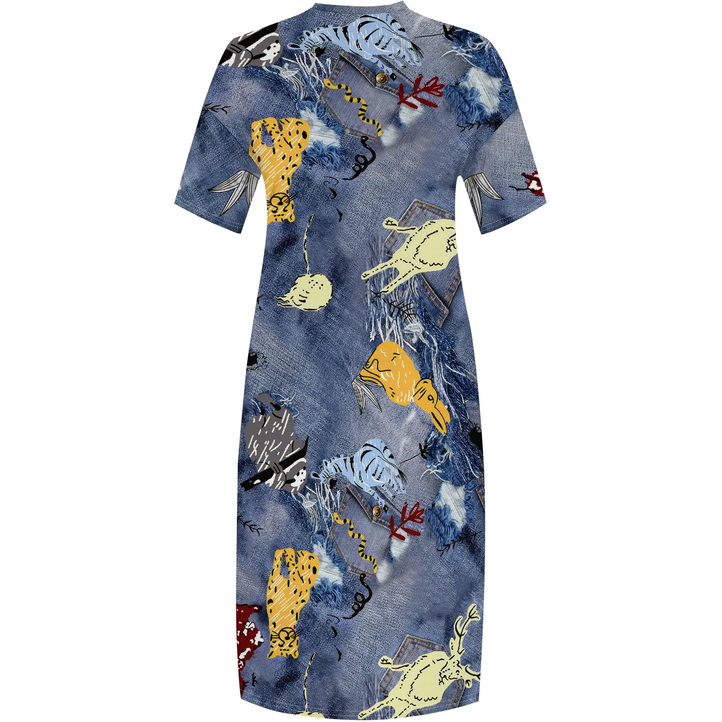 🔥 Women’s Thick & Sexy Plus-Size Denim 3D Print Maxi Dress – Casual Soft T-Shirt Dress