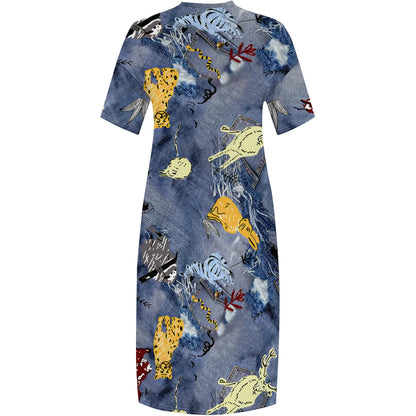 🔥 Women’s Thick & Sexy Plus-Size Denim 3D Print Maxi Dress – Casual Soft T-Shirt Dress