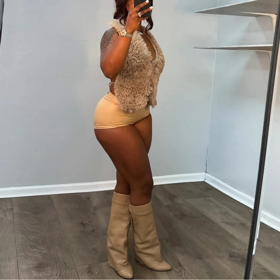 Sexy Women’s Fur Vest – Deep V-Neck Backless Bandage Top | 2025 Streetwear Fashion