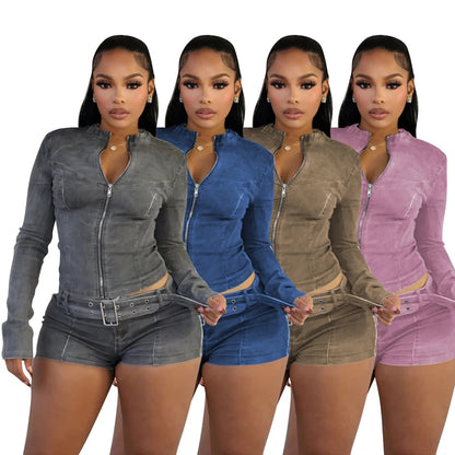 Sexy Denim Womens 2 Two Piece Set Stretchy Long Sleeve Zip Up Slim Jackets and Shorts Suits Streetwear Belt Jean Outfit Sets 4 Colors