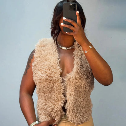 Sexy Women’s Fur Vest – Deep V-Neck Backless Bandage Top | 2025 Streetwear Fashion