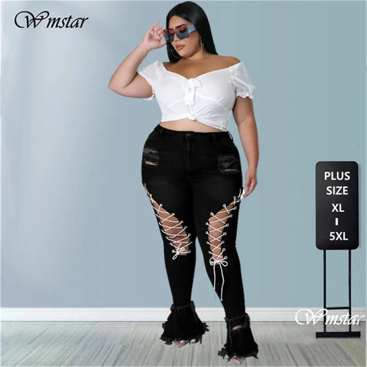 Thick & Sexy Plus Size Flared Jeans Women Bandage High Waist Tassel Hole Denim Ripped Bottom Stretch New Pants