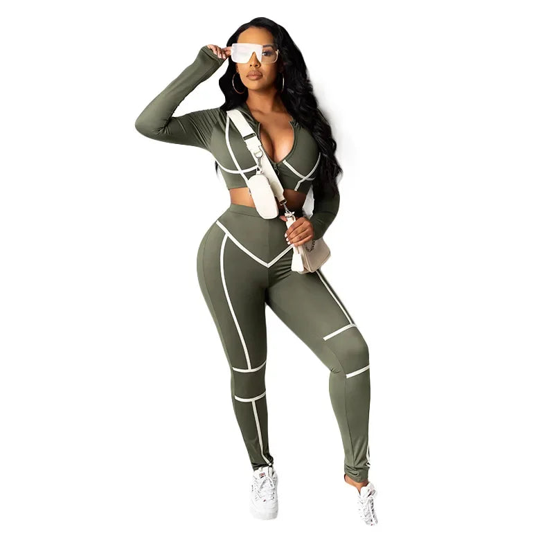 Zip-Front Round-Neck Sports Set – Tight Long-Sleeve 2-Piece Outfit