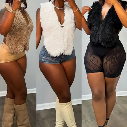 Sexy Women’s Fur Vest – Deep V-Neck Backless Bandage Top | 2025 Streetwear Fashion