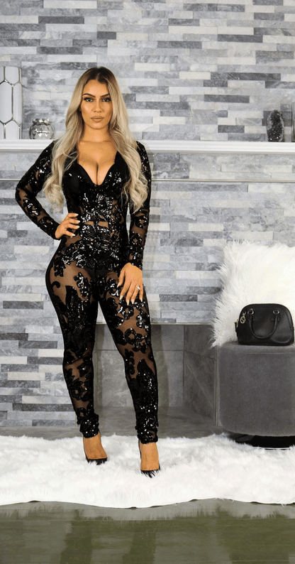 Diva Sexy Sequins Women's jumpsuit Fashion Off Shoulder Deep V-Neck Party Club Jumpsuit Women's Retro Slim Fit Shiny Evening Body Show Off