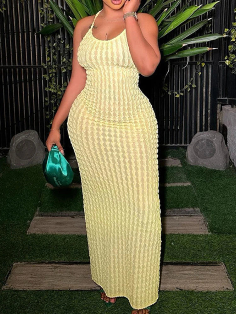 Sexy Stripe Ribbed Knit Slim Maxi Dress Women Sleeveless Backless Long Popcorn Dress Elegant Club Party
