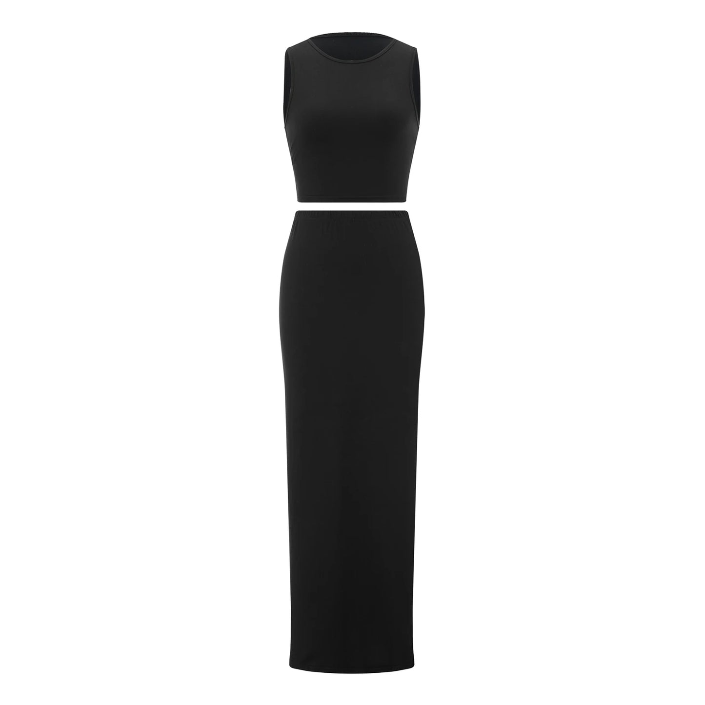 🔥 Quick Sexy 2-Piece Outfit Set 🔥 Sleeveless Crop Tank Top + Wrapped Hip High-Slit Maxi Skirt