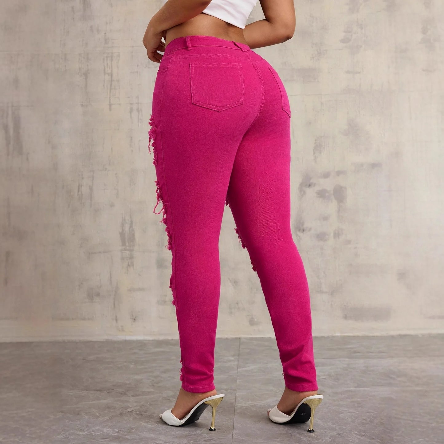 Autumn Rose Red Distressed Jeans – Body-Hugging Denim Pants