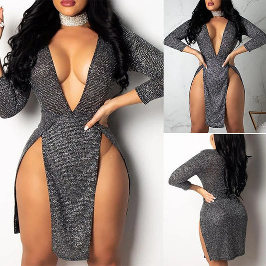 Sexy Deep V-Neck Low-Cut Mini Dress for Women – Elegant Long Sleeve Club & Party Dress
