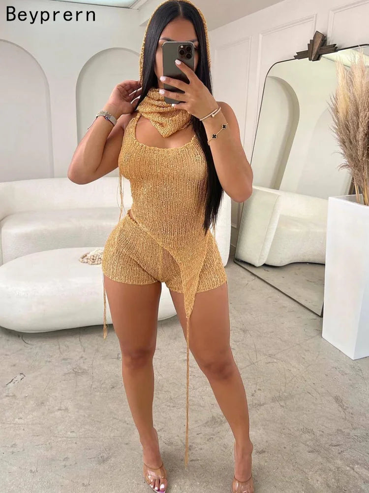 🔥 Bombshell Vibes – Glitter Sequin Crochet Hoodie & Matching Shorts Set