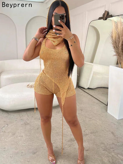 🔥 Bombshell Vibes – Glitter Sequin Crochet Hoodie & Matching Shorts Set