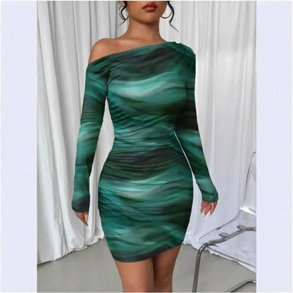 Sexy Pleated Long Sleeve Wrap Skirt Midi Dress for Women – Asymmetrical Collar 2025 Fashion Trend