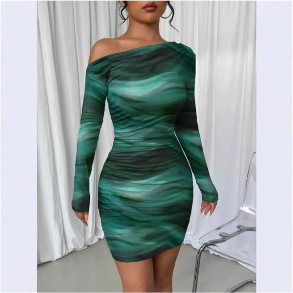 Sexy Pleated Long Sleeve Wrap Skirt Midi Dress for Women – Asymmetrical Collar 2025 Fashion Trend
