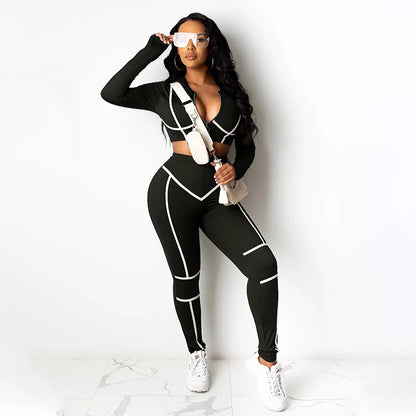 Zip-Front Round-Neck Sports Set – Tight Long-Sleeve 2-Piece Outfit