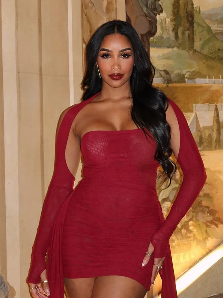 🔥 Take Me Out – 5-Star Celebrity Mini Dress 🔥 Strapless · Ribbon Tassels · Body-Shaping · Includes Full Sleeve Gloves