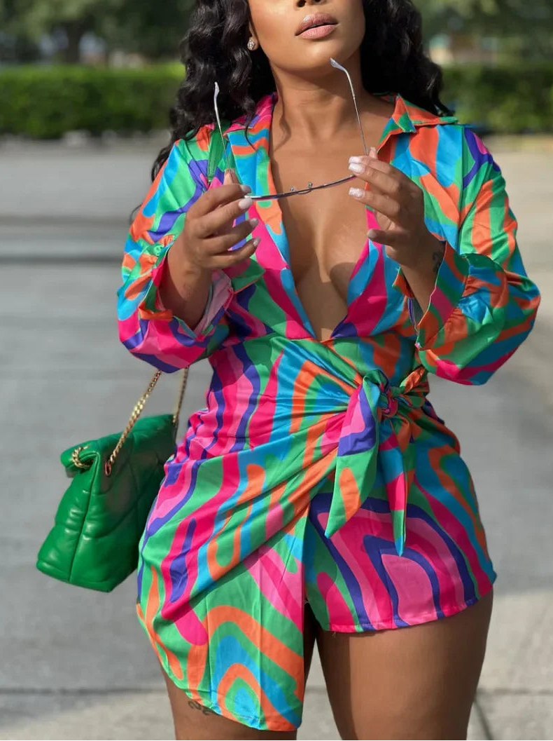 Elegant Satin Tie-Dye Wrap Mini Dress — Asymmetrical Lapel Long-Sleeve Shirt Dress