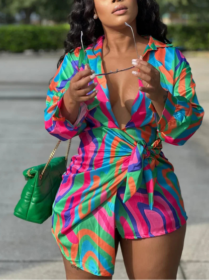 Elegant Satin Tie-Dye Wrap Mini Dress — Asymmetrical Lapel Long-Sleeve Shirt Dress