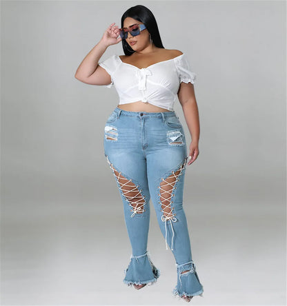 Thick & Sexy Plus Size Flared Jeans Women Bandage High Waist Tassel Hole Denim Ripped Bottom Stretch New Pants