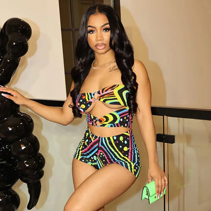 Sexy Summer 2-Piece Outfit – Contrast Print Crop Top Set