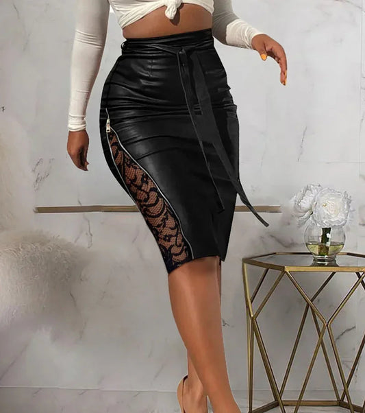 Bad Ass Skirt – Sexy Split Lace Splice Slim-Fit Leather Skirt for Women