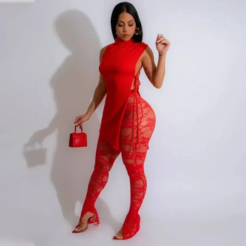 🔥 Pure Sexy 2-Piece Lace-Up Set – Sleeveless Top + Sheer Lace Leggings 🔥