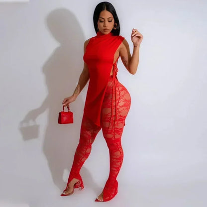 🔥 Pure Sexy 2-Piece Lace-Up Set – Sleeveless Top + Sheer Lace Leggings 🔥