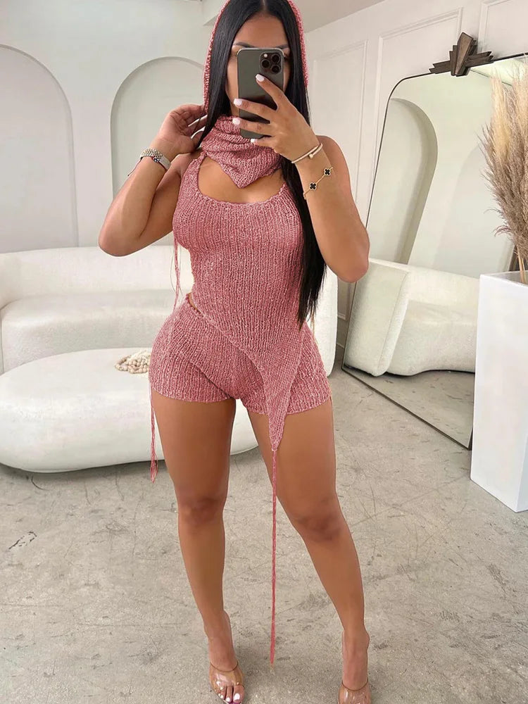 🔥 Bombshell Vibes – Glitter Sequin Crochet Hoodie & Matching Shorts Set