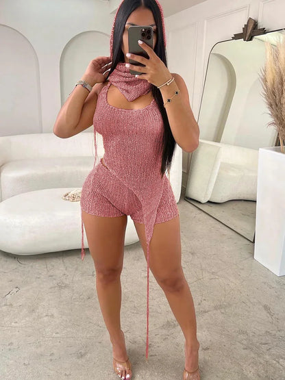 🔥 Bombshell Vibes – Glitter Sequin Crochet Hoodie & Matching Shorts Set