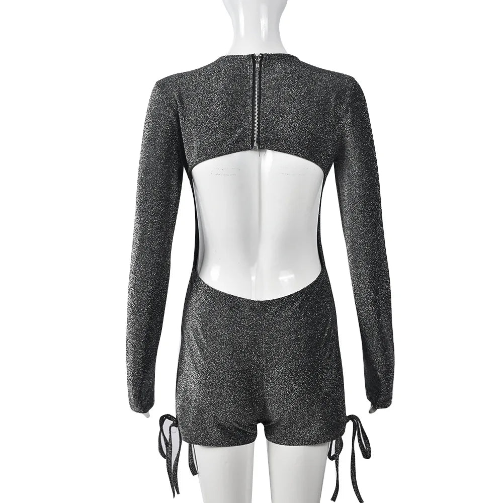 Women’s Zipper Patchwork Silk Playsuit – Sexy Hollow-Out Backless Romper with Full Sleeves